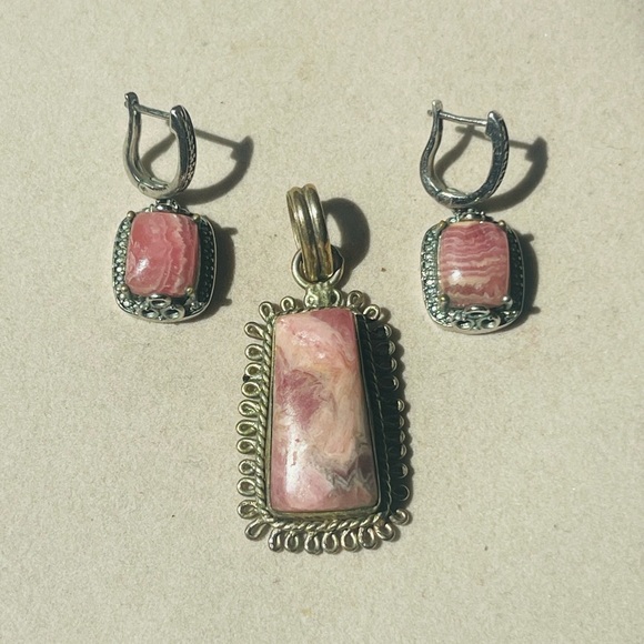 VTG lot of 2 Sterling Silver Pink Rhodochrosite Gemstone Earrings And Pendant - Picture 1 of 10
